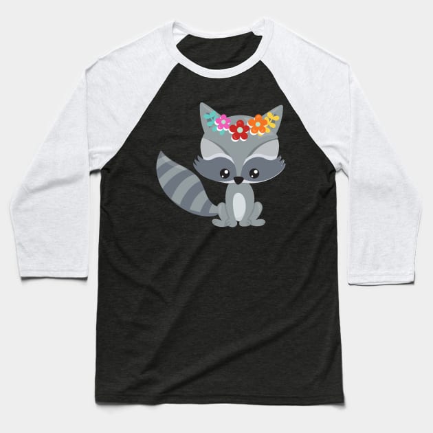 Spring Animals, Cute Raccoon, Colorful Flowers Baseball T-Shirt by Jelena Dunčević